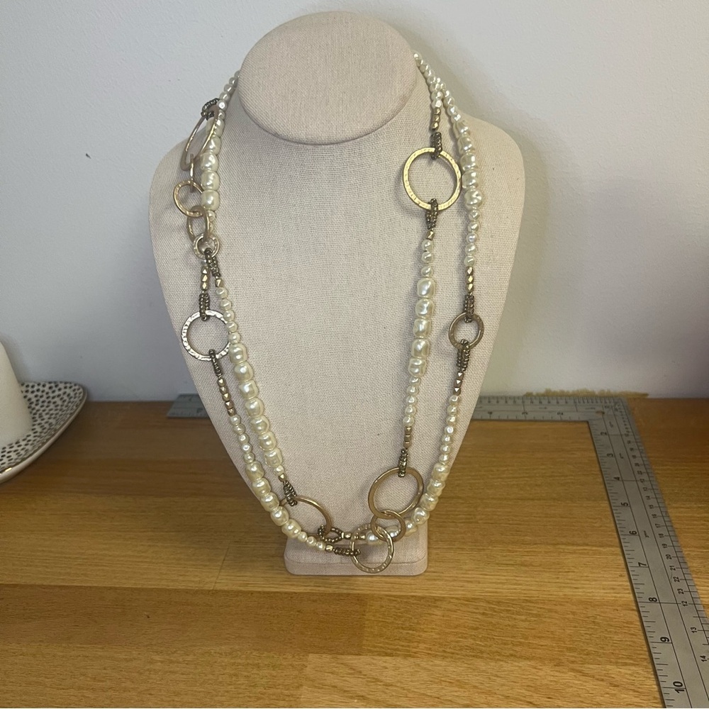 Chicos irregulars faux pearl gold tone circle hoops long lanyards wrap necklace